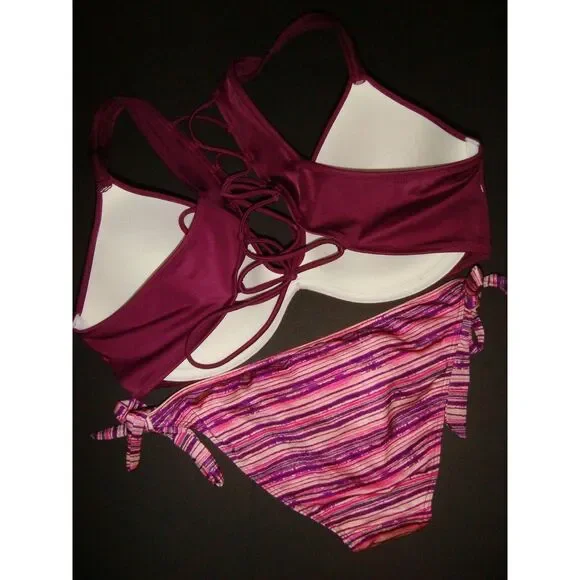NWT Victoria's Secret 36DD BIKINI S bottom fuchsia pink MAROON striped racerback
